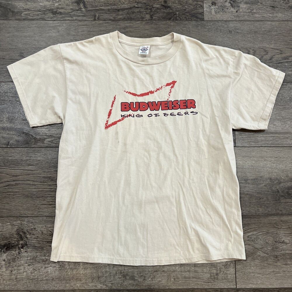 Vintage Y2K Budweiser King Of Beers Knit In USA Tan T-Shirt - Men’s Size XL